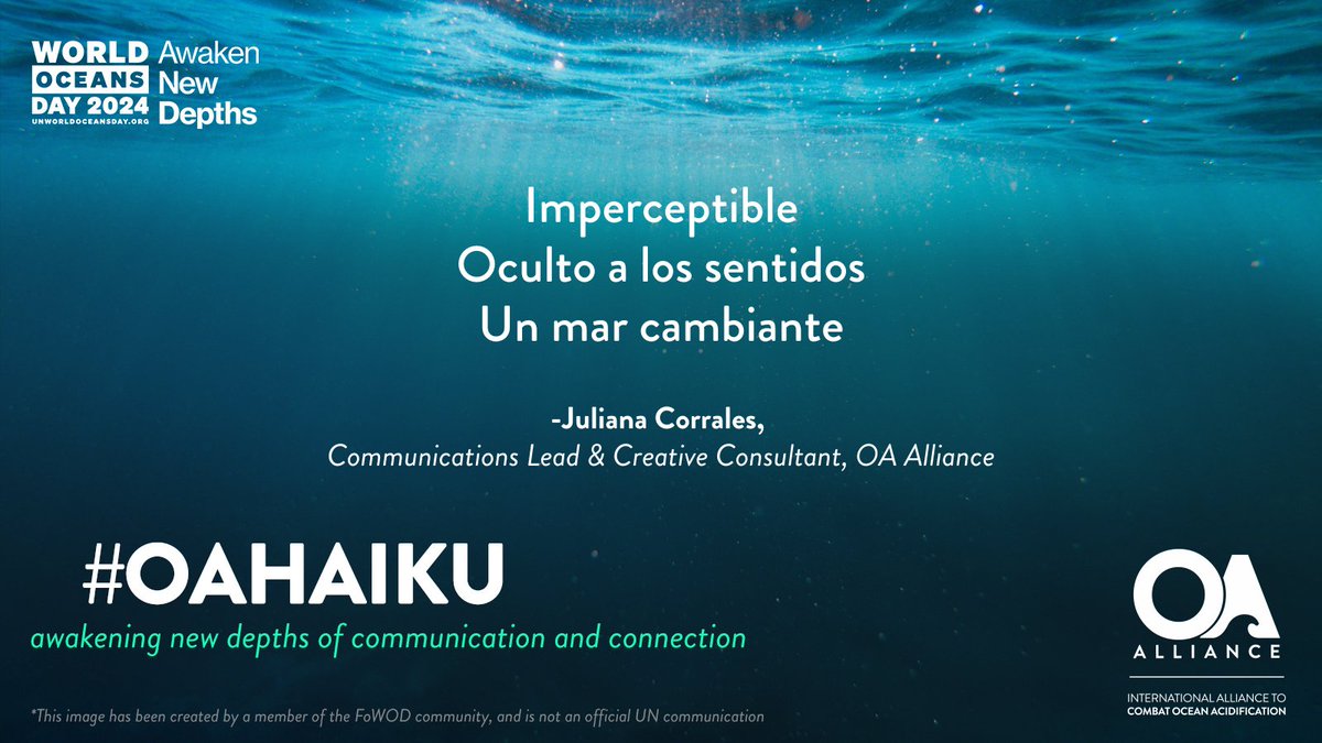 OA_Alliance's tweet photo. ✍️🐋 #OAHaiku by Juliana Corrales, Communications Lead &amp; Creative Consultant, OA Alliance

Imperceptible
Oculto a los sentidos
Un mar cambiante

#UNWorldOceansDay2024 #WorldOceansDay #OceanAcidification #ClimateOceanAction #OAATeam https://t.co/cMvaRx1edv