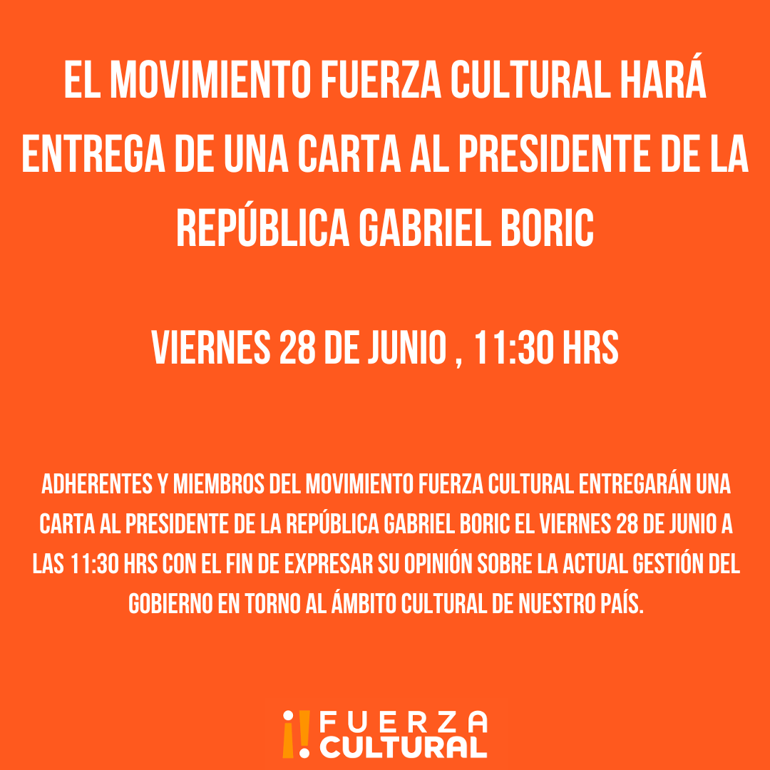Adherentes y miembros del Movimiento Fuerza Cultural entregarán una carta al Presidente de la República Gabriel Boric con el fin de expresar su opinión sobre la actual gestión del gobierno en torno al ámbito cultural de nuestro país.
#cultura
#gabrielboric
#gabrielboricpresidente