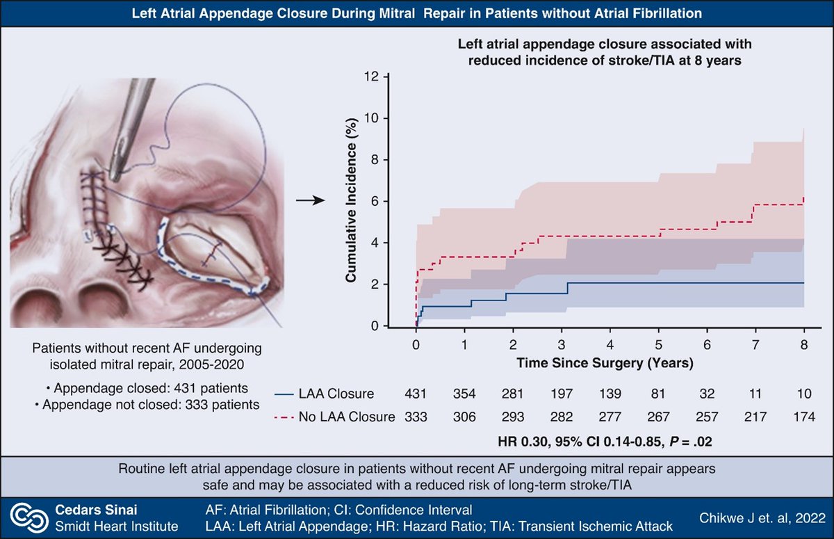 AATSHQ's tweet photo. Does left atrial appendage closure during mitral repair in patients without atrial fibrillation provide patients with a lower risk of subsequent stroke/transient ischemic attack? See what researchers from @SmidtHeart
found in #JTCVS: https://t.co/nLkL7W04DJ https://t.co/EkWUBOiN1m