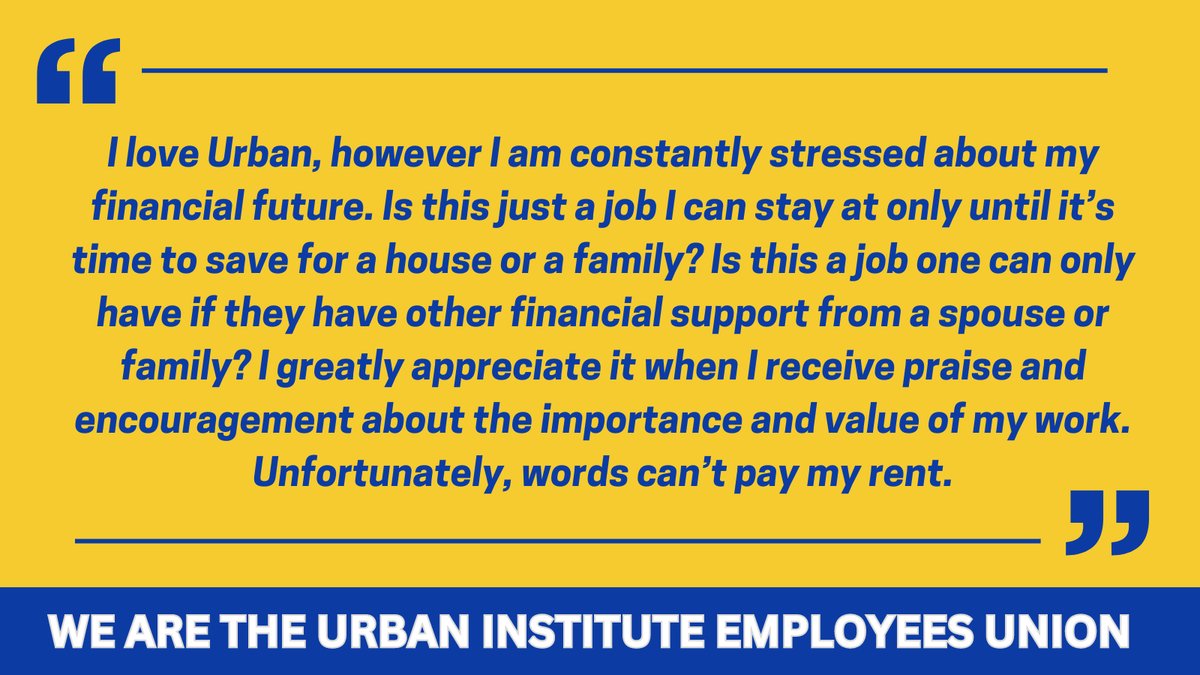 Urban Institute employees are speaking out about the progress they need to see in a #FairFirstContract. 

As we enter into all day bargaining #2, we know increased compensation is critical to our membership. #SolidarityForGood