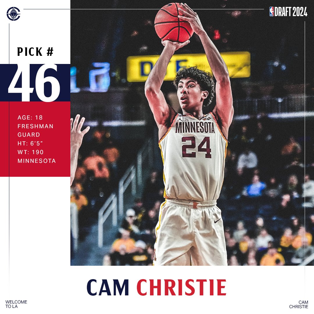 LA Clippers (@laclippers) on Twitter photo With the 46th overall pick, we have selected Cam Christie...
Welcome to LA, <a href="/24CameronC/">Cameron Christie</a>! With the 46th overall pick, we have selected Cam Christie...
Welcome to LA, <a href="/24CameronC/">Cameron Christie</a>!