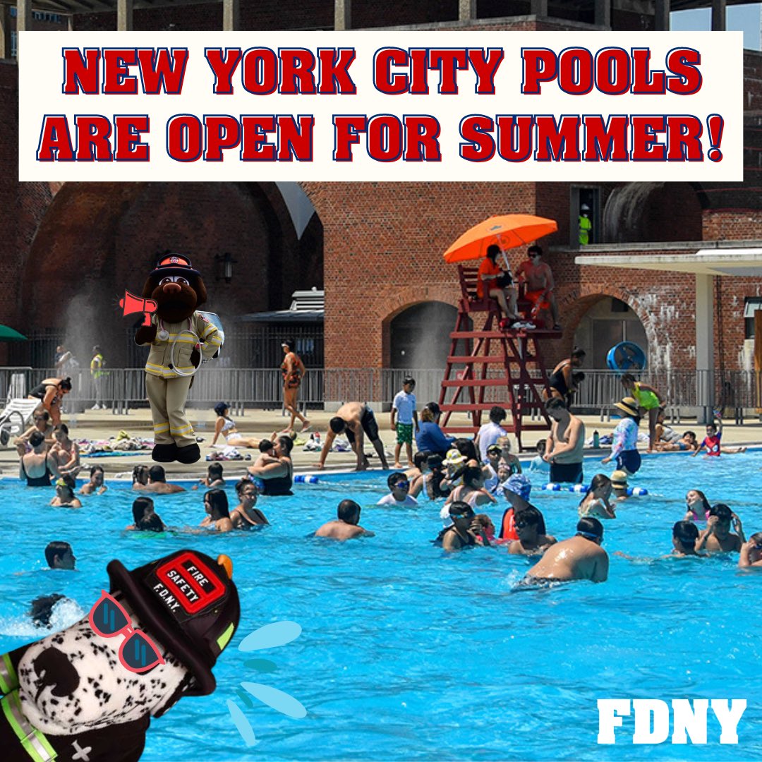 Summer lovin! Outdoor pool season in NYC is officially underway! Be safe this summer. Back float on over to FDNYSmart.org for swimming safety tips! How’s my form, <a href="/SirenFDNY/">Siren 🚨</a>?!