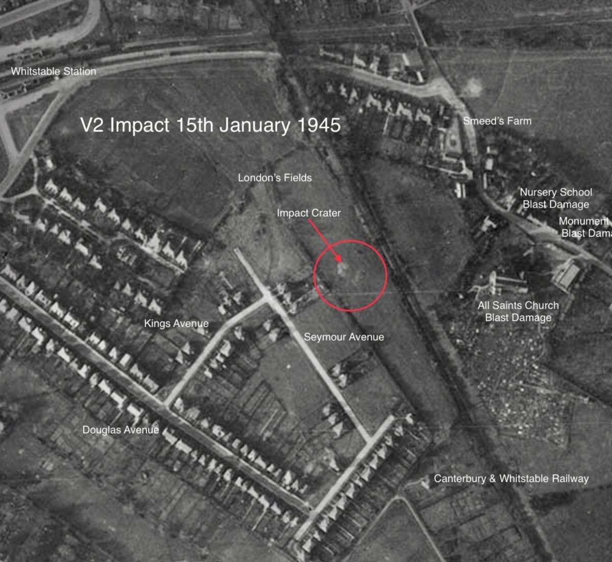 FFLThe's tweet photo. #ShadowOverEngland 

Thomas Porter Personal Diary 

Monday 15th January 1945

“This morning at about 11.15 a rocket landed in a field a few hundred yards inland from the town station. One old lady died shock and 52 were injured by flying glass, etc.” https://t.co/ilTrv7Lbbh