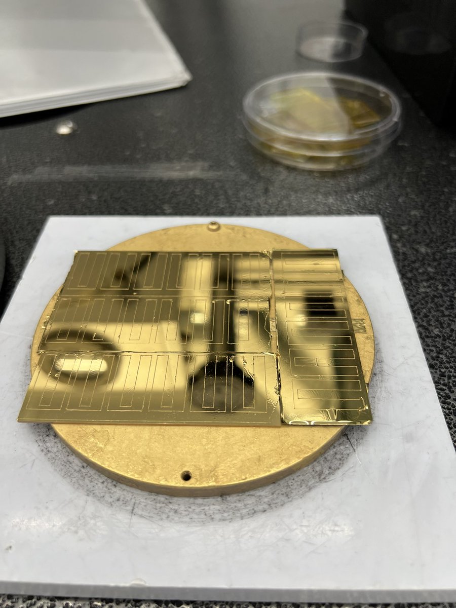 Week 3 in my RET had me sputtering gold onto OECT devices!  This was just one of many steps in fabricating the device to detect CO2 in sea water.  <a href="/STEMquinn/">Mariana Quinn</a> <a href="/RiceU_STEM/">R-STEM</a> <a href="/STEMLadyMason/">M.M Mason</a>