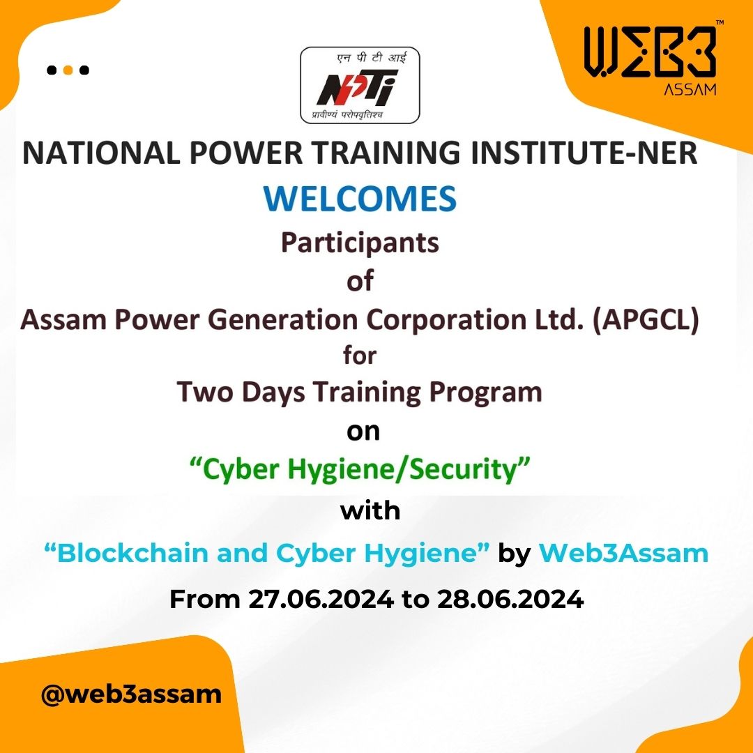 Web3Assam's tweet photo. 🚀 We are happy to announce that @web3assam will be presenting at the @NPTIMoPGoI -NER, under @MinOfPower, Govt. of India on "#Blockchain and Cyber Hygiene" on 28 June, 2024 to unlock the potential of blockchain in the power sector to the professionals of @info_apgcl

#web3assam https://t.co/U1XAWyuhy4