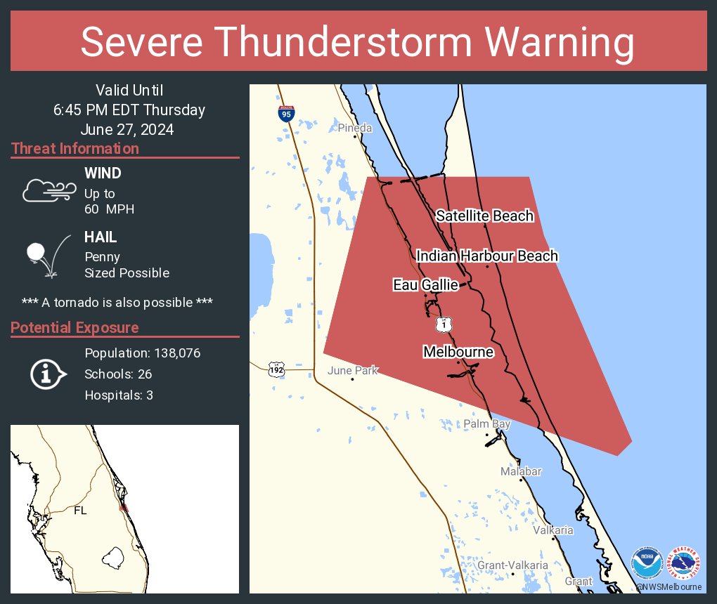 Severe Thunderstorm Warning including Melbourne FL, Satellite Beach FL and Indian  Harbour Beach FL until 6:45 PM EDT, image size:1020x860