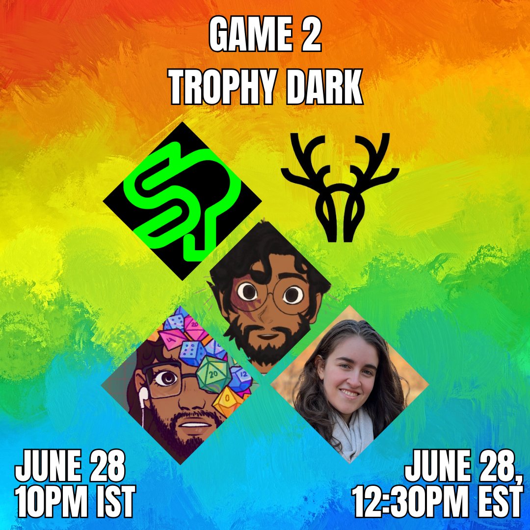 Game 2 of our 52-hour event is Trophy Dark, a game about doomed treasure-hunters entering a forest or other haunted space that doesn’t want them there. Cast for this game includes DM @hachisvoid with players <a href="/LouisaBlatt/">Louisa</a> <a href="/SteveH4815/">Slashypants</a> and Vish!