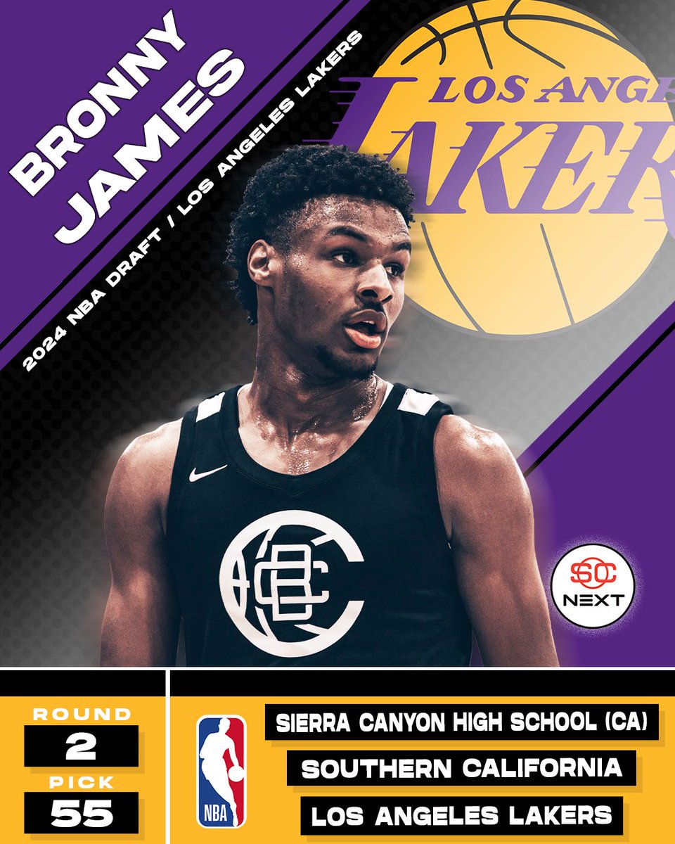 SCNext's tweet photo. Bronny James has been selected 55th overall by the Los Angeles Lakers! James played at Sierra Canyon High School (CA) and finished no. 20 in the 2023 ESPN 100 rankings. #NBADraft https://t.co/LKDPn2vYiu