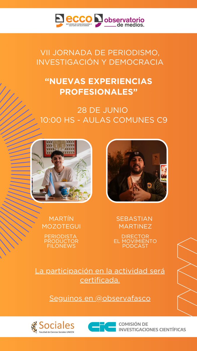 ObservaFACSO's tweet image. Ya está todo listo, mañana nos encontramos para charlar con nuestros graduados @martinmozotegui  y @sebalama  sobre sus valiosas experiencias profesionales.