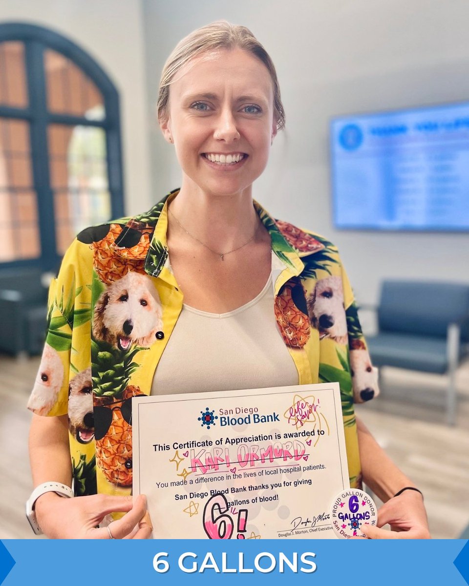 sdbloodbank's tweet photo. Let's give Kari a round of applause for her lifesaving gallon milestone donation! 👏✨#SDBB family is full of wonderful and generous givers like Kari, who help us serve our mission of saving lives every day! Thank you Kari. 💪🏼🩸🎉
#GallonMilestone #SavingLives #DonateBlood https://t.co/7e7DhOD5k8