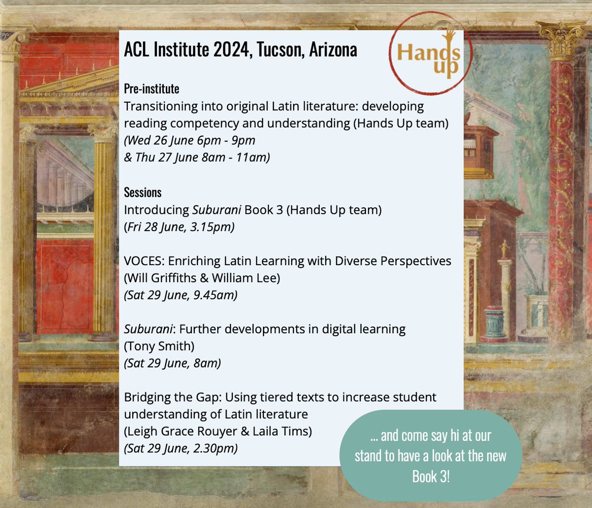 A quick update on our sessions &amp; timings at <a href="/ACLClassics/">ACL Classics</a> Institute in Tucson! :) Hope you'll join us - and come get one of our three free gorgeous posters at our stand!