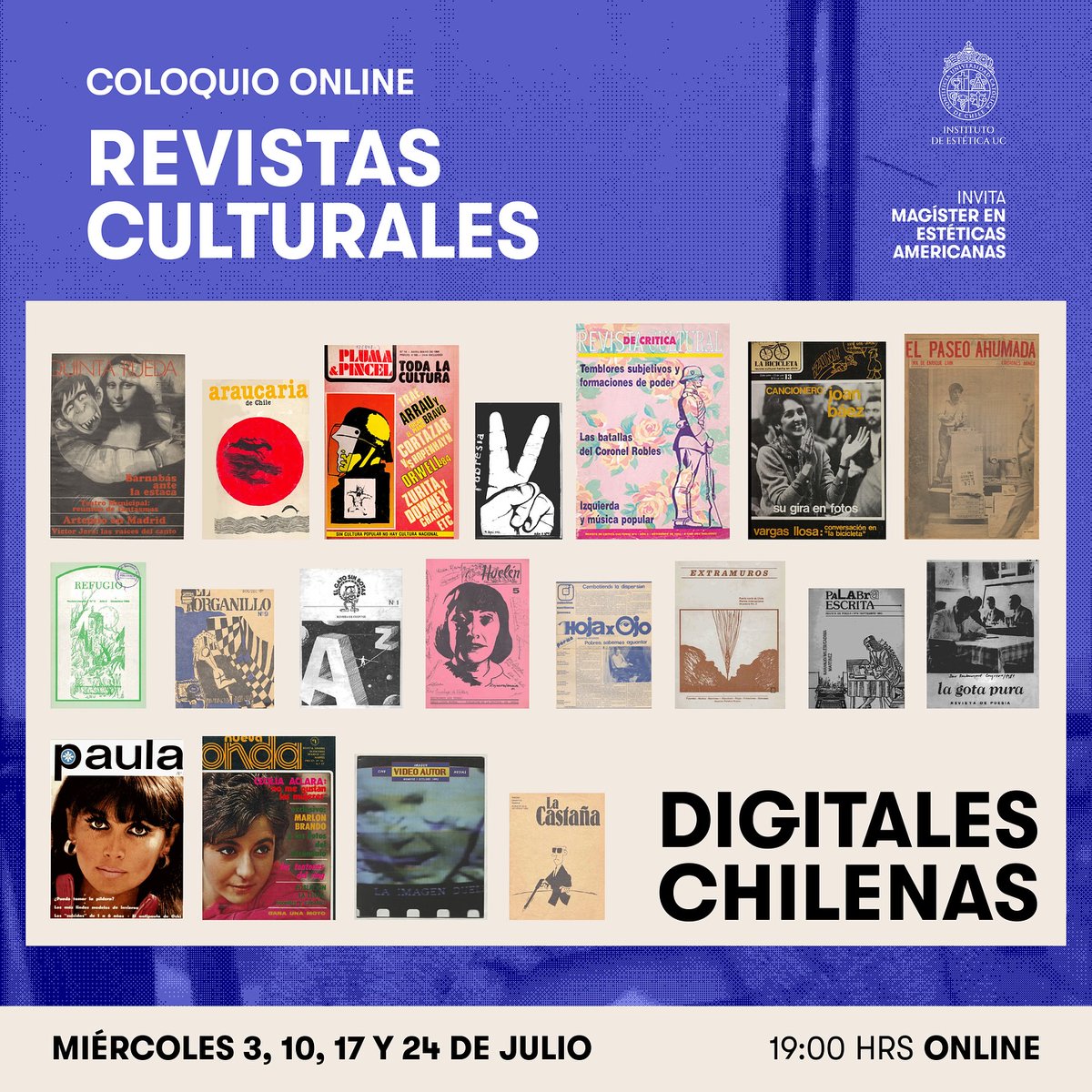 El próximo miércoles a las 19:00 estaremos en el coloquio organizado por <a href="/esteticauc/">Instituto Interdisciplinario de Estética UC</a> conversando acerca de qué es ser una revista cultural. Les invitamos a todes a asistir. Nos vemos ✨