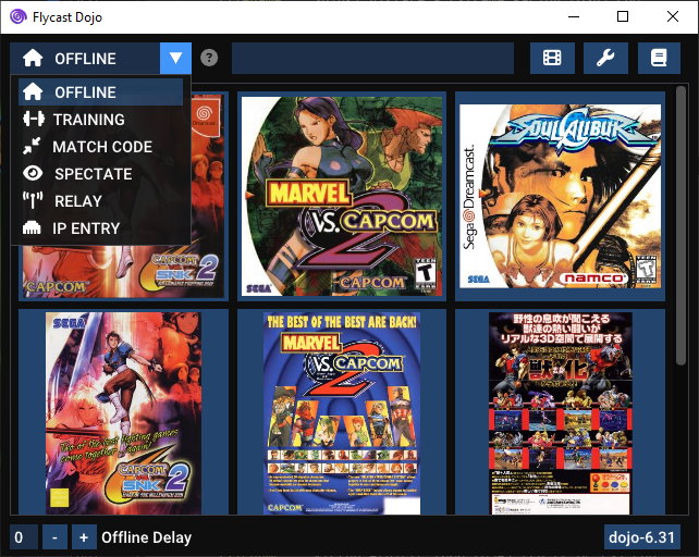 Flycast Dojo main screen with active mode drop-down and list of games with thumbnails. Mode include: Offline, Training, Match Code, Spectate, Relay, IP Entry.