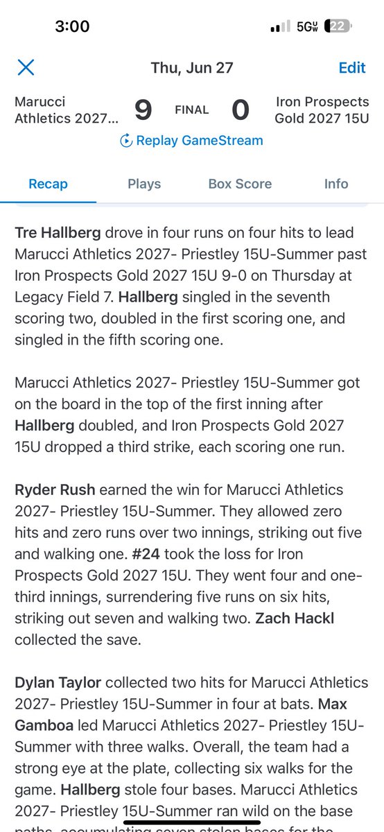 Joseph Ponce (@coach_ponce) on Twitter photo Marucci A’s 2027 Black wins game 1 of the <a href="/PBRTournaments/">Prep Baseball Tournaments</a> AZ Summer Championships 9-0 behind @Tr3s_Base21 (3B/OF <a href="/DRBaseball2021/">Desert Ridge Baseball</a>) 4 hit and 4 RBI day bringing his summer avg to .614/ 27H / 21 RBI / 9 SB in only 15 games played 👀
Combined shut out, 1 hit and 12Ks from SP Marucci A’s 2027 Black wins game 1 of the <a href="/PBRTournaments/">Prep Baseball Tournaments</a> AZ Summer Championships 9-0 behind @Tr3s_Base21 (3B/OF <a href="/DRBaseball2021/">Desert Ridge Baseball</a>) 4 hit and 4 RBI day bringing his summer avg to .614/ 27H / 21 RBI / 9 SB in only 15 games played 👀
Combined shut out, 1 hit and 12Ks from SP