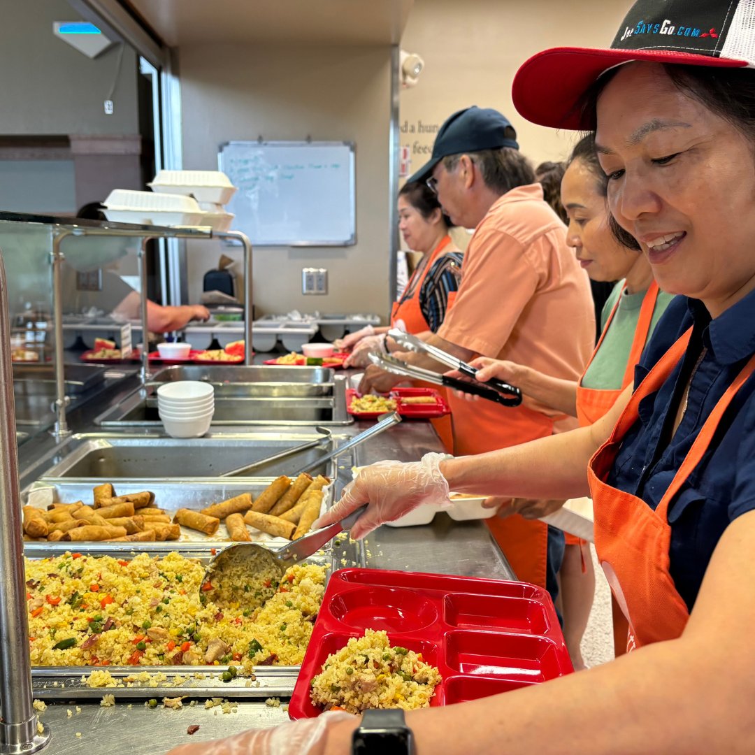 Lunch today was fried rice, homemade eggrolls, chicken &amp; vegetable soup, and fresh fruit. We served 100+ people but couldn't come up with a way to measure the amount of love that went into the prep and serving of the meal. We'll just say it was a lot. Thank you, volunteers. 🧡
