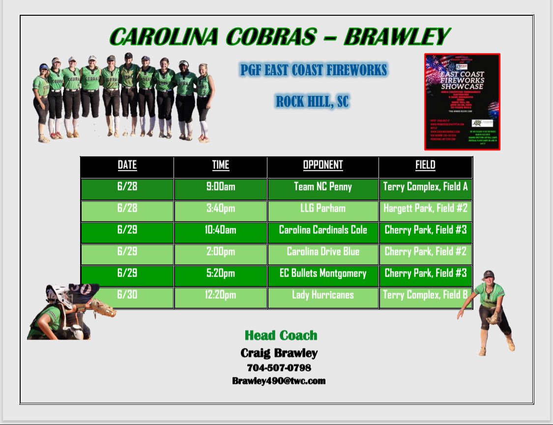 Getting excited to hit the fields this weekend at the East Coast Fireworks tourney in Rock Hill, SC!  Come see some talent!  💚🥎🖤