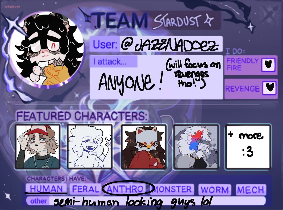 jazznadoez's tweet photo. proper af card!!!
i’ll be periodically adding more characters to my profile once i finish some of their refs hopefully :0
drop ur users below and ill follow back frfr #artfight2024 

https://t.co/tE2oRfxTL0 https://t.co/omOVQjl7fN