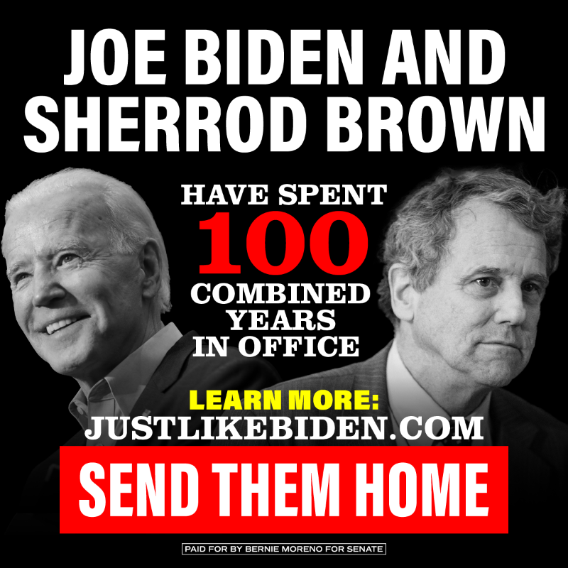 teammoreno2024's tweet photo. 50 year career politician. Radical pro-amnesty, open borders supporter. Votes with Joe Biden 99% of the time. 

Sherrod Brown is JUST. LIKE. BIDEN. And America deserves better.