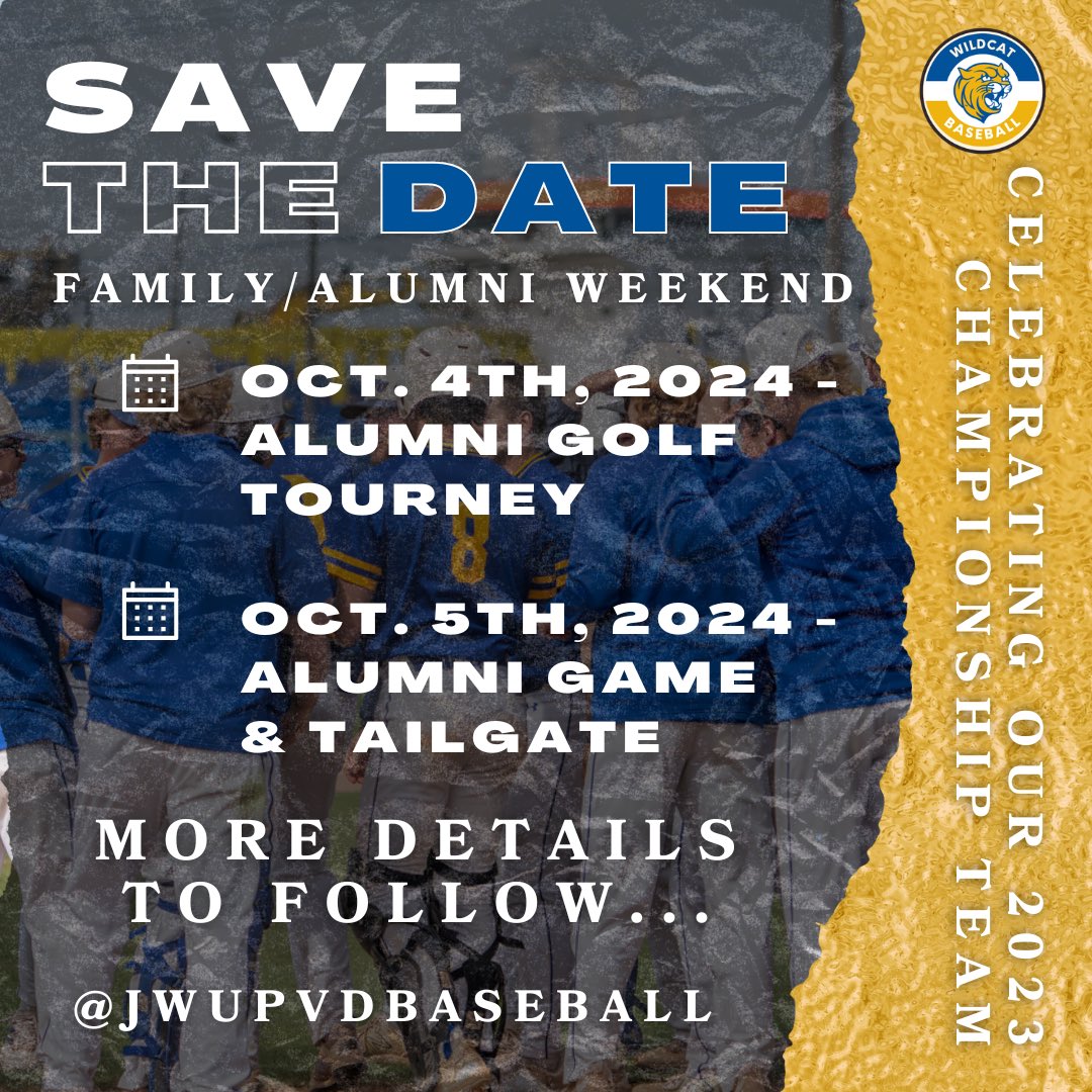 Save the Date for our 2024 Alumni &amp; Family Weekend! 

October 4th, 2024 - Alumni Golf Tourney 
October 5th, 2024 - Alumni Game &amp; Tailgate

Stay tuned for more details! 

#alumniweekend #familyweekend #jwubaseball