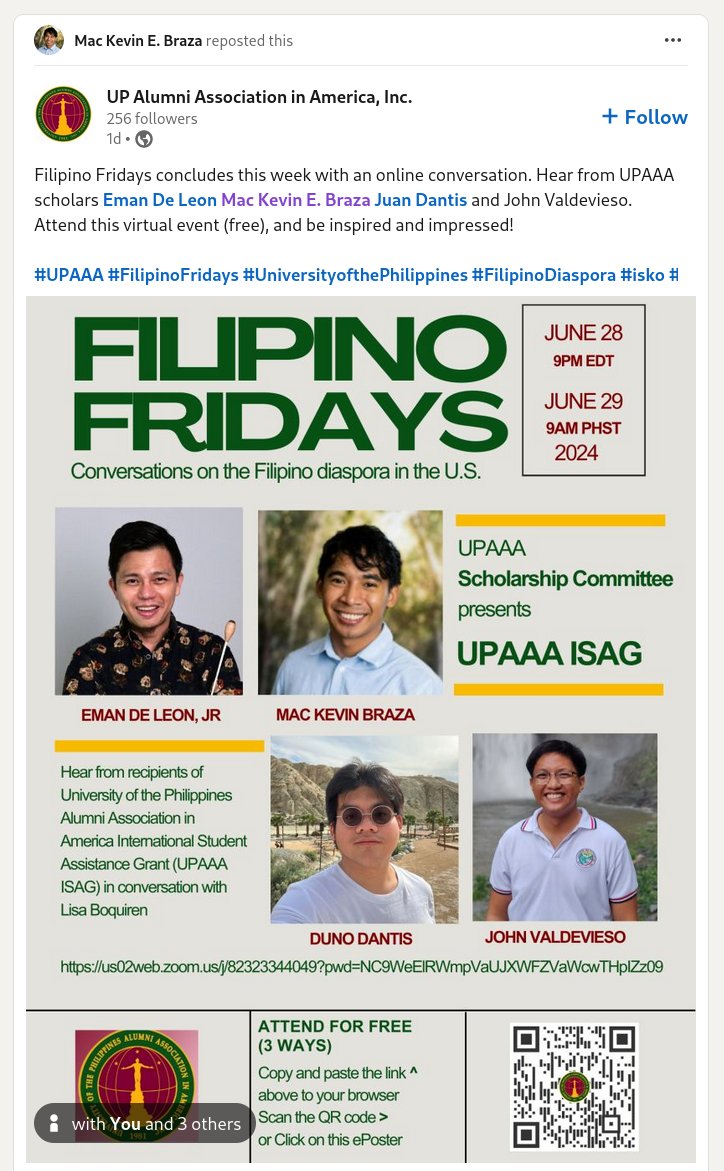Mac Kevin Braza (@mackevinbraza) on Twitter photo Delighted to share that I will be speaking this Friday, June 28, 6PM Pacific time as one of the recipient of the UP Alumni Assoc in America (UPAAA) scholarship. They are instrumental in my success as a PhD student in UC San Diego. <a href="/upsystem/">University of the Philippines</a> 🇵🇭 😁 Delighted to share that I will be speaking this Friday, June 28, 6PM Pacific time as one of the recipient of the UP Alumni Assoc in America (UPAAA) scholarship. They are instrumental in my success as a PhD student in UC San Diego. <a href="/upsystem/">University of the Philippines</a> 🇵🇭 😁