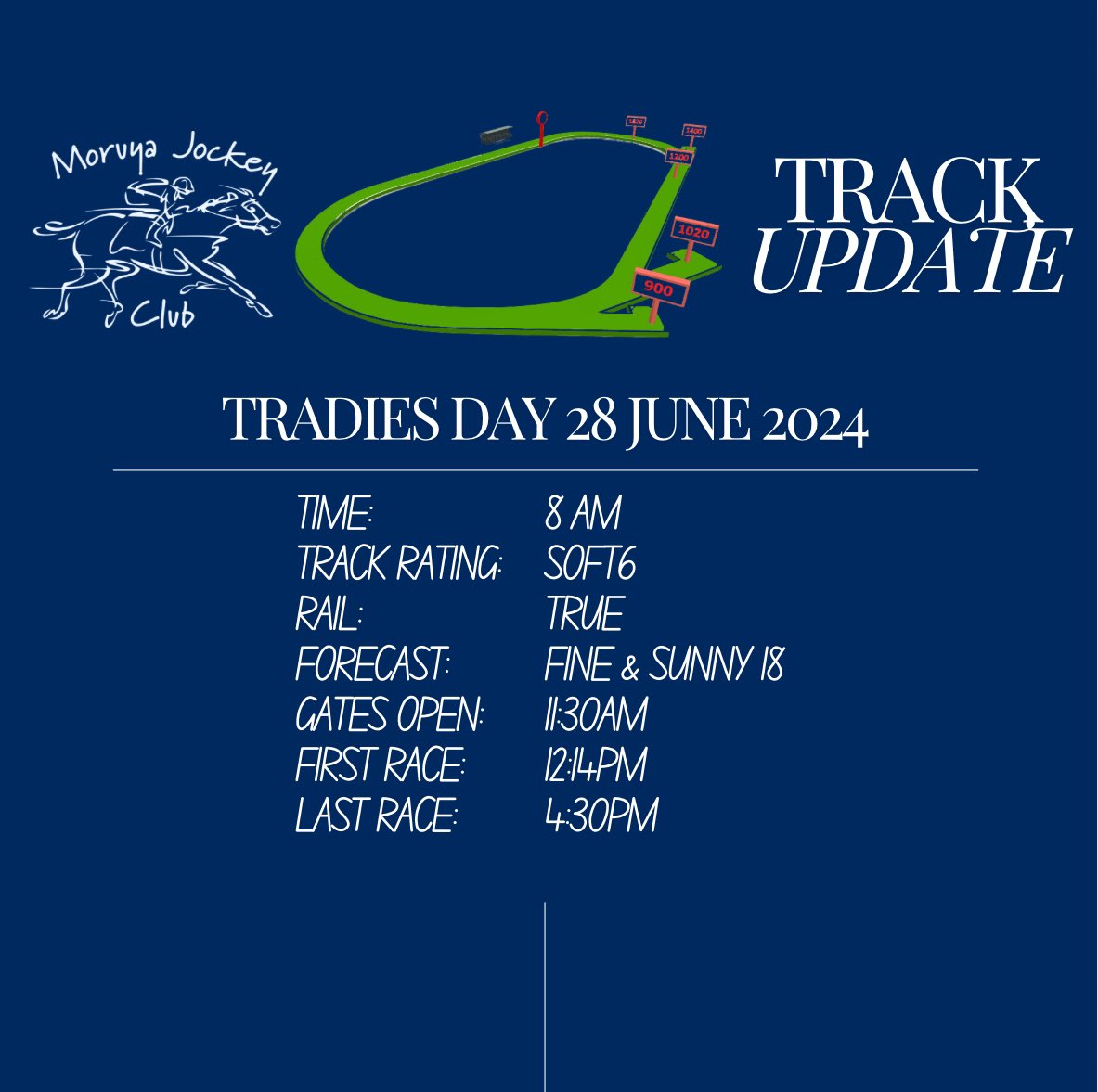 Moruya Jockey Club (@moruyaraces) on Twitter photo RACING TODAY AT MORUYA 🏇
Rating: Soft 6
Rail: True
Gates Open: 11:30am
First Race: 12:14pm
Last Race: 4:30pm
<a href="/racing_nsw/">Racing NSW</a> @picnic_racing RACING TODAY AT MORUYA 🏇
Rating: Soft 6
Rail: True
Gates Open: 11:30am
First Race: 12:14pm
Last Race: 4:30pm
<a href="/racing_nsw/">Racing NSW</a> @picnic_racing