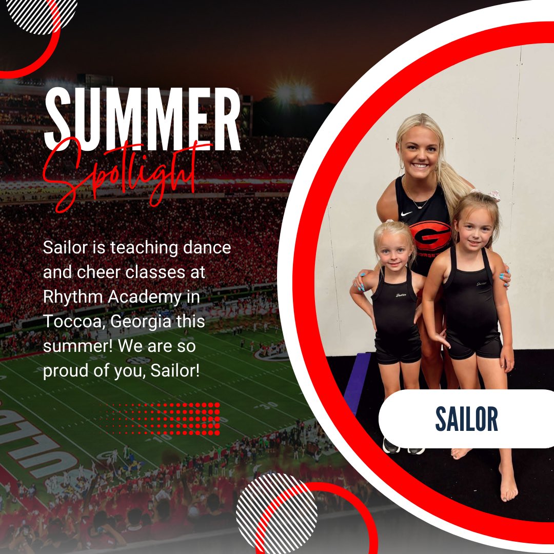 UGAGeorgettes's tweet photo. Next up on our summer spotlights is first-year, Sailor! She is teaching dance and cheer classes this summer. Of course, all of her students are Dawg fans! We are so proud of you, Sailor!! ❤️🐾 #godawgs https://t.co/gm0sjdRqDp