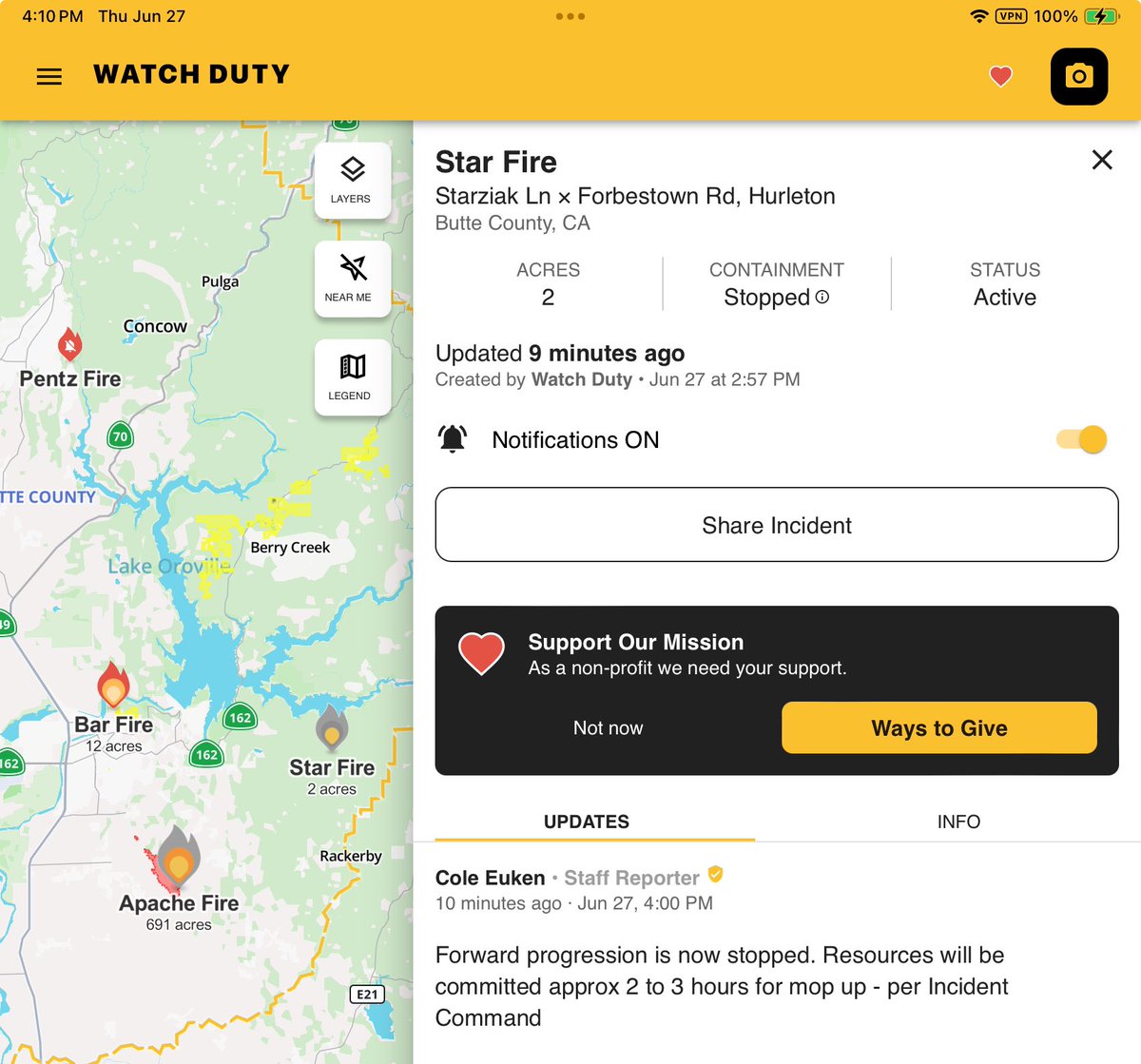 BCWildfireWkly's tweet photo. #StarFire @ Starziak Ln × Forbestown Rd, #Hurleton - 
https://t.co/QUoy63yhGK

“Forward progression is now stopped. Resources will be committed approx 2 to 3 hours for mop up - per Incident Command” - Cole Euken, @watchdutyapp  

#ButteCounty #CAFire #CAwx @CALFIRE_ButteCo https://t.co/8V0HoksT89