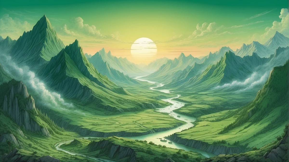Epic Green Landscape with a river crossing in the valley