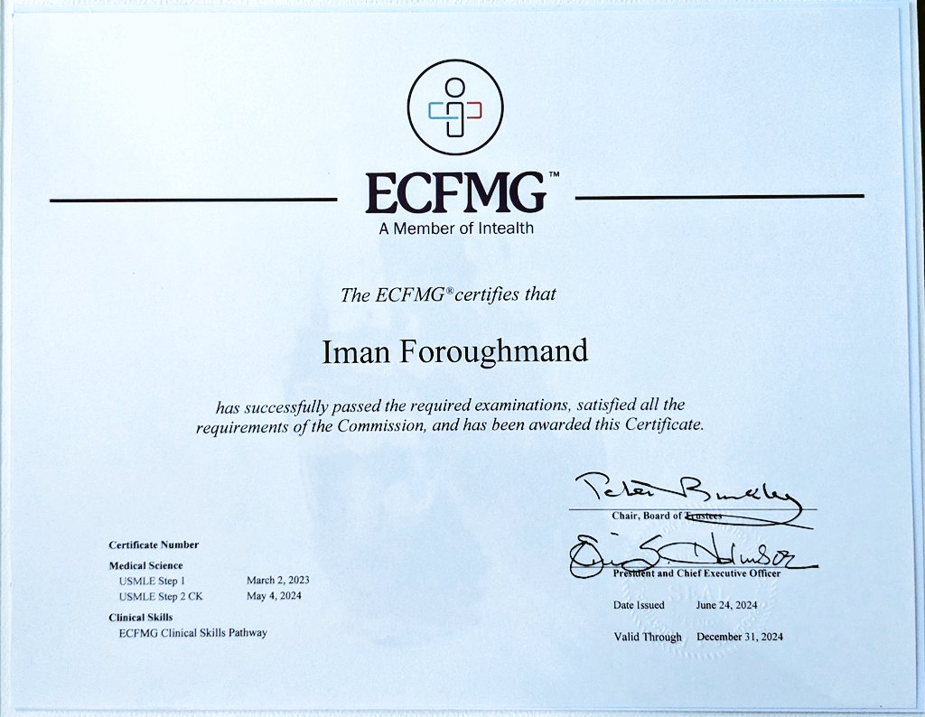 ImanForoughmand's tweet image. Officially ECFMG certified! Feeling some relief after a long and hard journey! #match2025 #ECFMG #USMLE