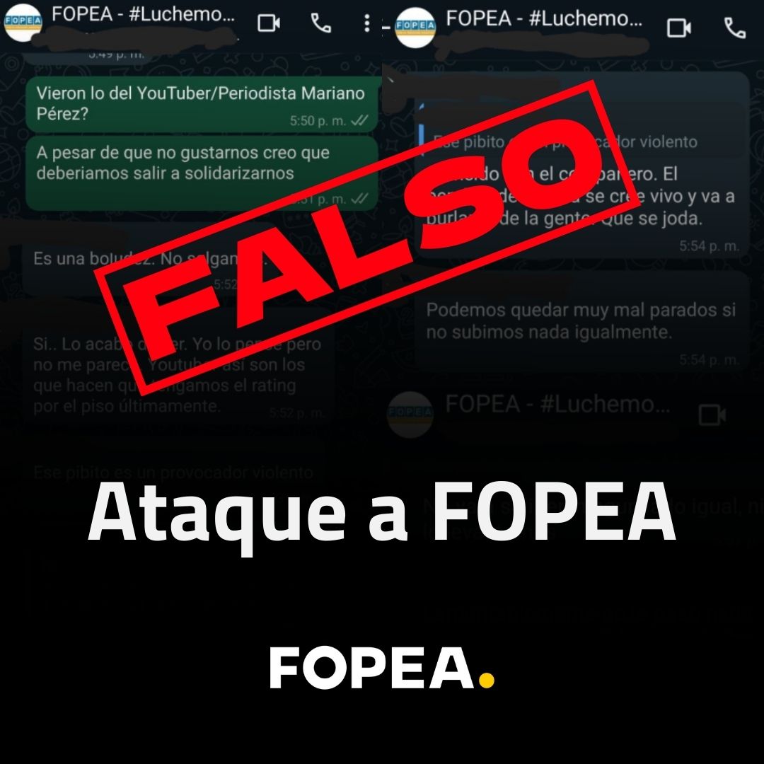 FOPEA's tweet photo. El Foro de Periodismo Argentino (FOPEA) condena la campaña de difamación impulsada en las redes sociales, en las que se reproduce un supuesto diálogo entre miembros de esta organización.

Ese diálogo es FALSO. Jamás existió esa conversación. https://t.co/bCeQLpb6XW