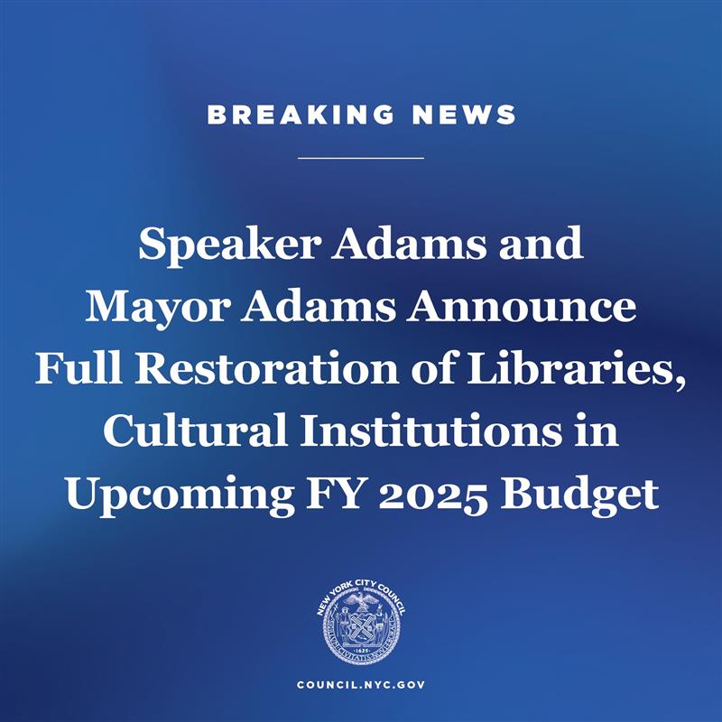 NYCCouncil's tweet photo. .@NYCSpeakerAdams and @NYCMayor are proud to announce that funding for arts and cultural institutions and libraries will be fully restored in the FY25 budget.
Read more: https://t.co/NtDOdwApGW https://t.co/whu3fVdSj7