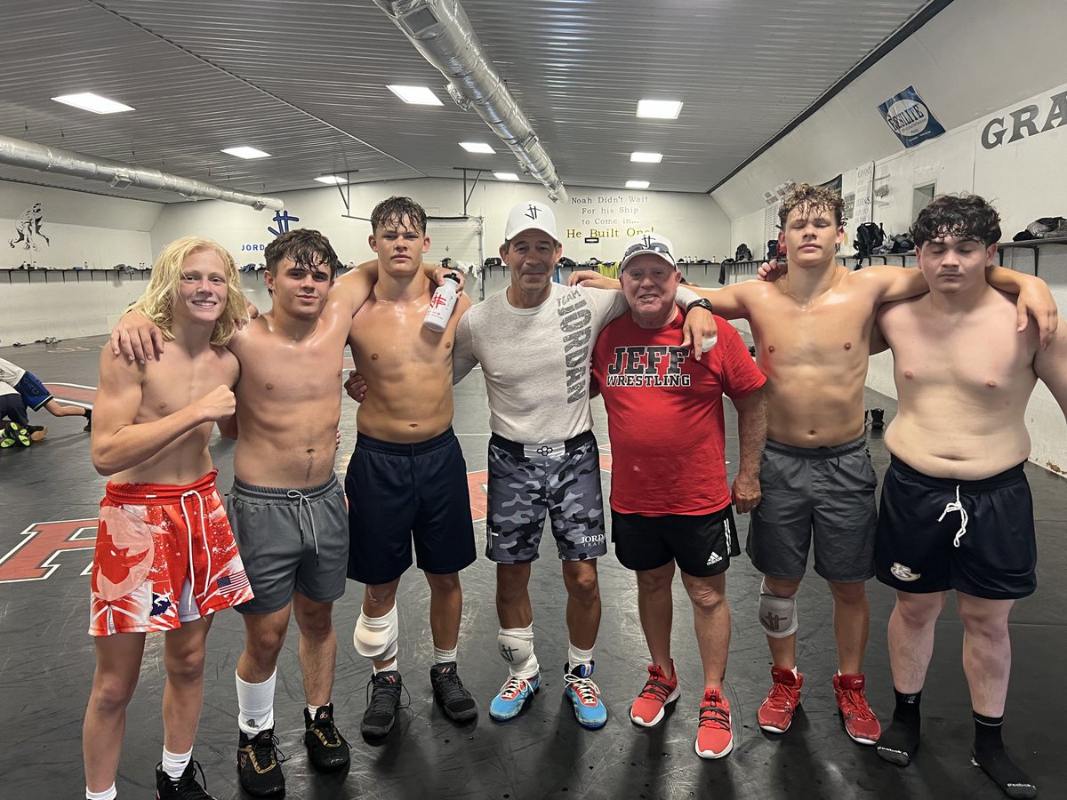 JeffHSWrestling's tweet photo. Jordan State Champ Camp 2024. Training with the best for sure, Coach Jordan. Shoes a gift for Coach Miller from Coach Jordan. #GettingBetterEveryDay. #LiveLifeRight https://t.co/0XUPWLFNLL