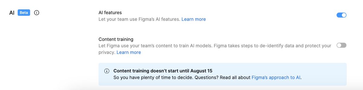 johnkappa's tweet image. You would think the Content Training opt in should be OFF by default 👎 @figma #figmaai