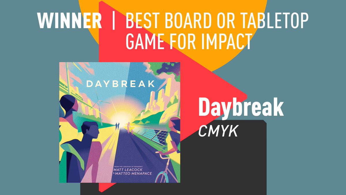 🎲 We are going analog! The Best Board or Tabletop Game for Impact is Daybreak by @CMYK_Games, @mattleacock, and <a href="/baddeo/">Matteo Menapace 🍉</a>!

Explores climate action by controlling a world power, and deploying policies and technologies to build resilient societies. 🌍

Congrats! 🏆