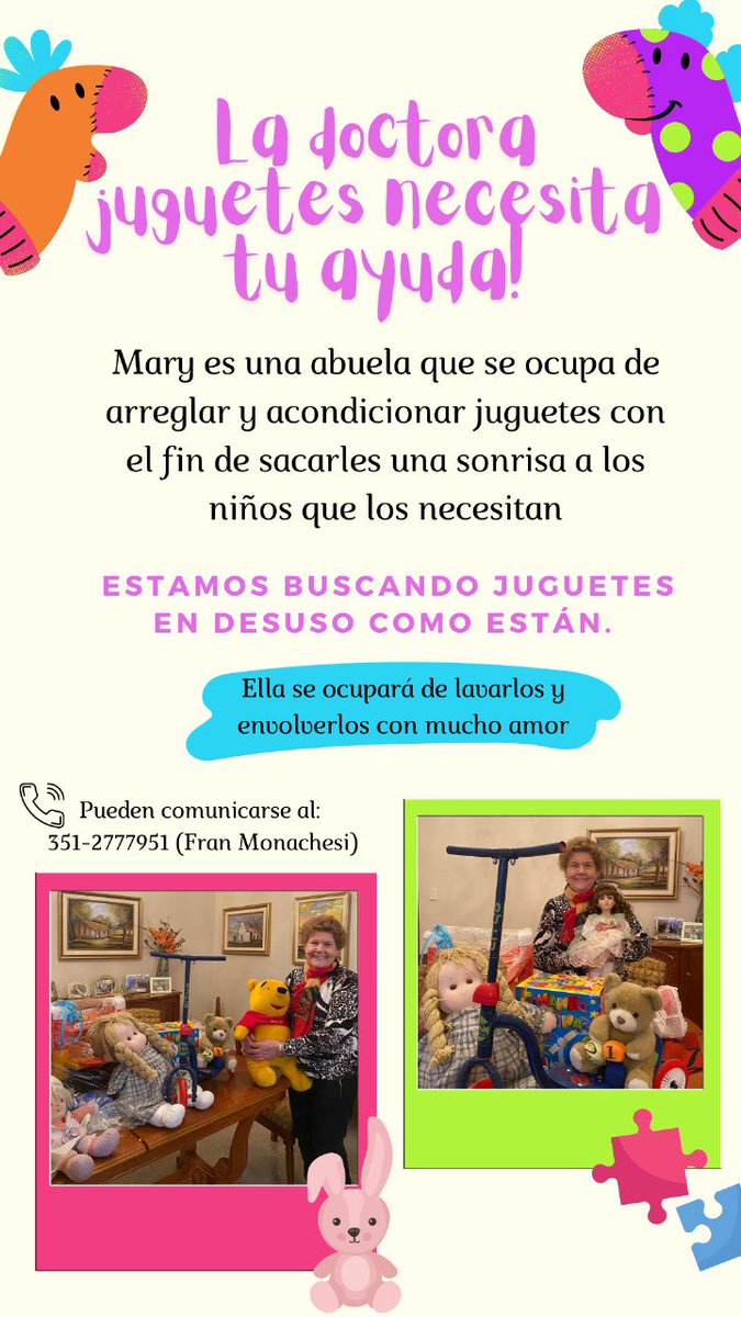 Hola!!! Es mi abuela, me ayudarían mucho difundiendo. 
No hay nada mas lindo que darle una sonrisa a un niño que lo necesita 😊
No es necesario que estén limpios🤍