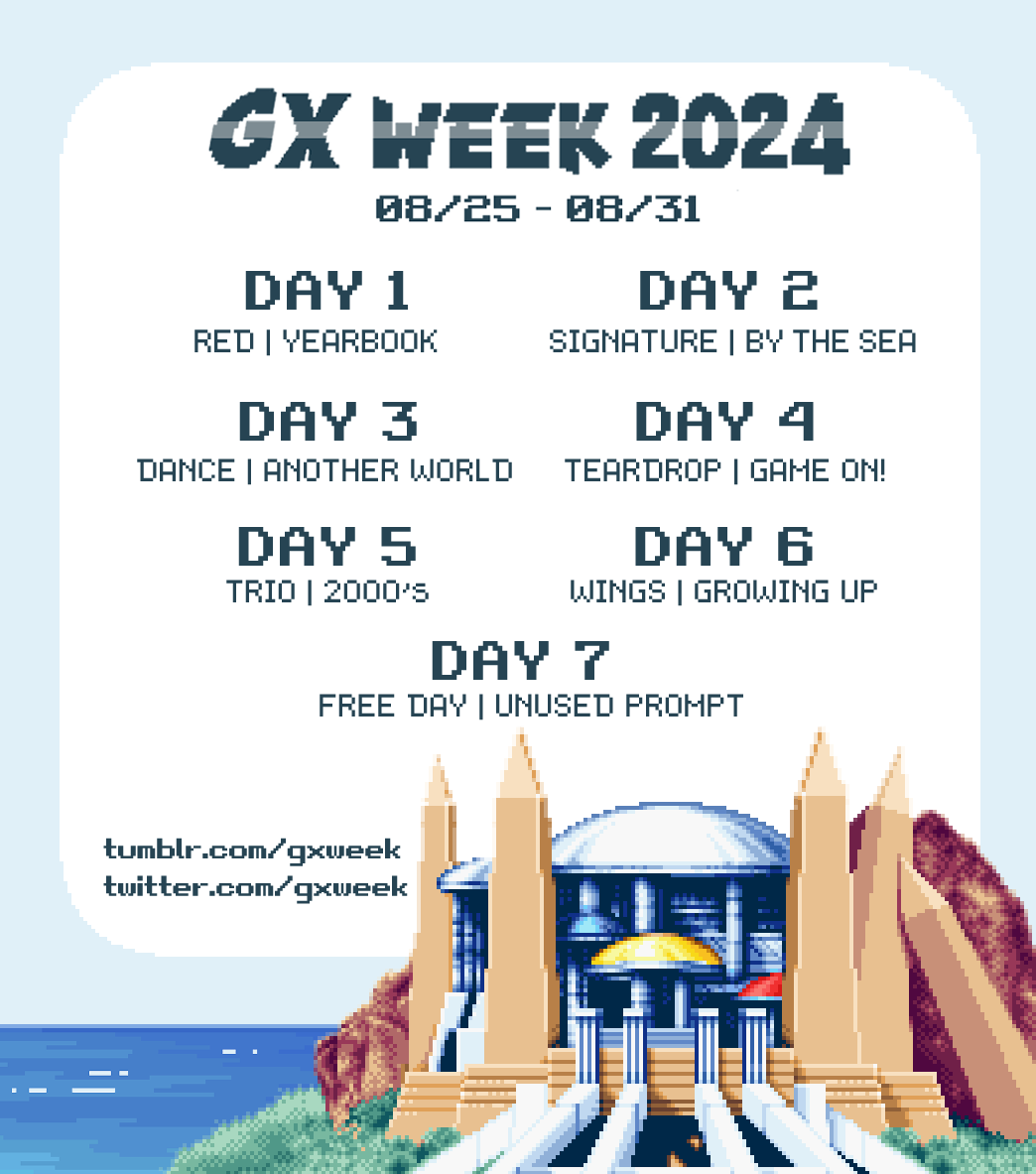 gxweek's tweet photo. The prompts for the first ever GX Week are here!

Use the tag #gxweek2024 to participate. We can't wait to see all your art, fics, and more!

#yugiohgx #遊戯王GX https://t.co/iI7qNmLuyN