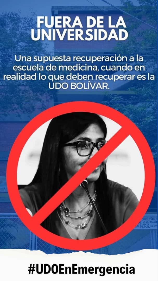 FEstudiantilUDO's tweet photo. En la UDOBolívar hay profs, personal obrero y estudiantes que rechazamos la visita de Delcy Rodriguez y elevamos la voz
Pretenden rompernos las piernas y que le agradezcamos por las muletas. La visita de Delcy es un insulto a la casa más alta del Oriente del país #UDOEnEmergencia https://t.co/49wVy33FJ3