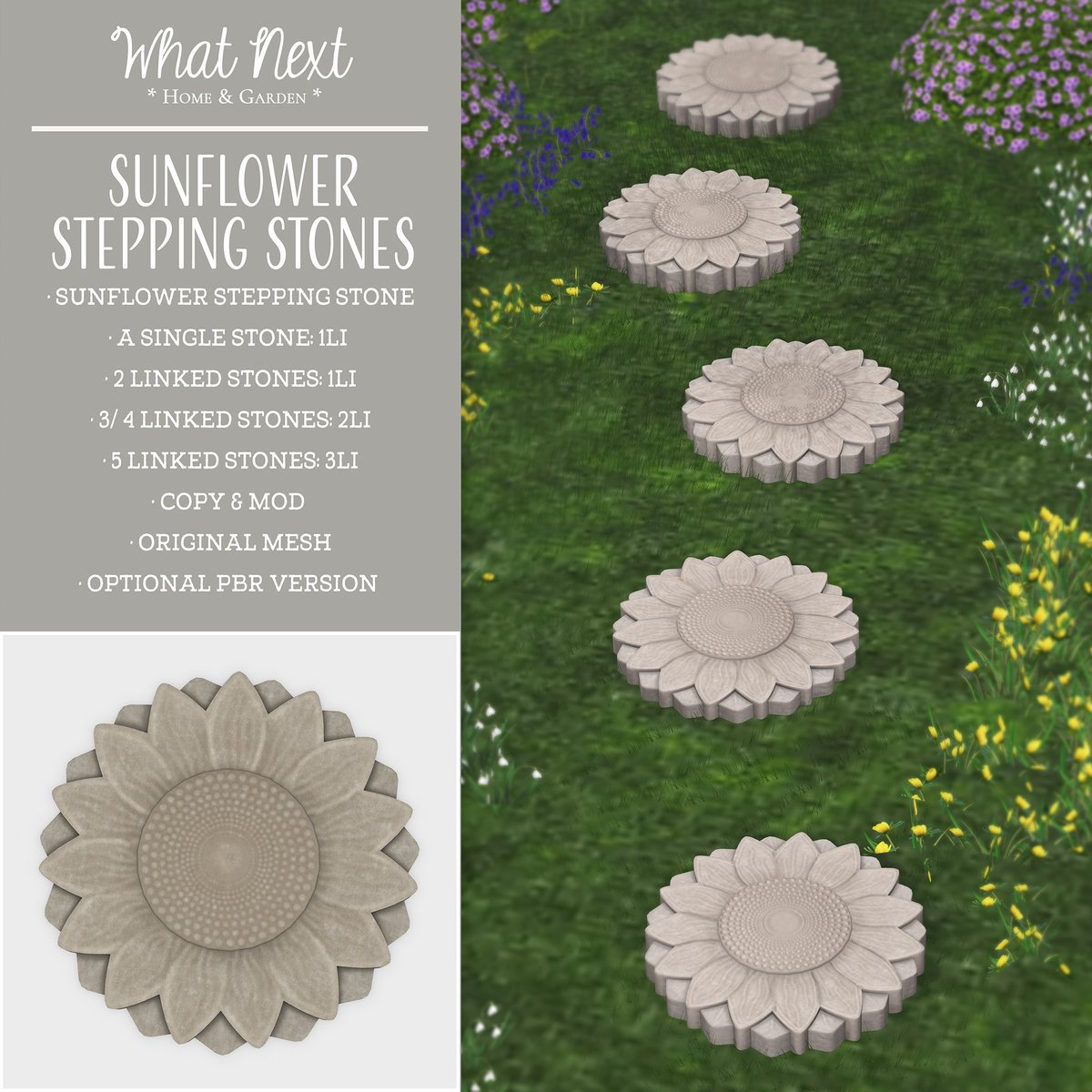 Sunflower Stepping Stones - free gift at the SL21B Shop &amp; Hop! 🌻🎂

You can find us on the Sugarplum region - it's also 50% off all our products there (discount already applied to vendors) 

SLurl:
maps.secondlife.com/secondlife/Sug… 

#secondlife #SL21B