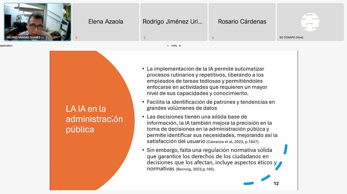 CONAPO_mx's tweet photo. Como parte del Ciclo de Conferencias del Consejo Consultivo Ciudadano para la Política de Población #CCCPP, el Dr. Delfino Vargas imparte la conferencia sobre “El uso de la inteligencia artificial en el desarrollo social. Retos y oportunidades”. https://t.co/dVv0VaMF0e