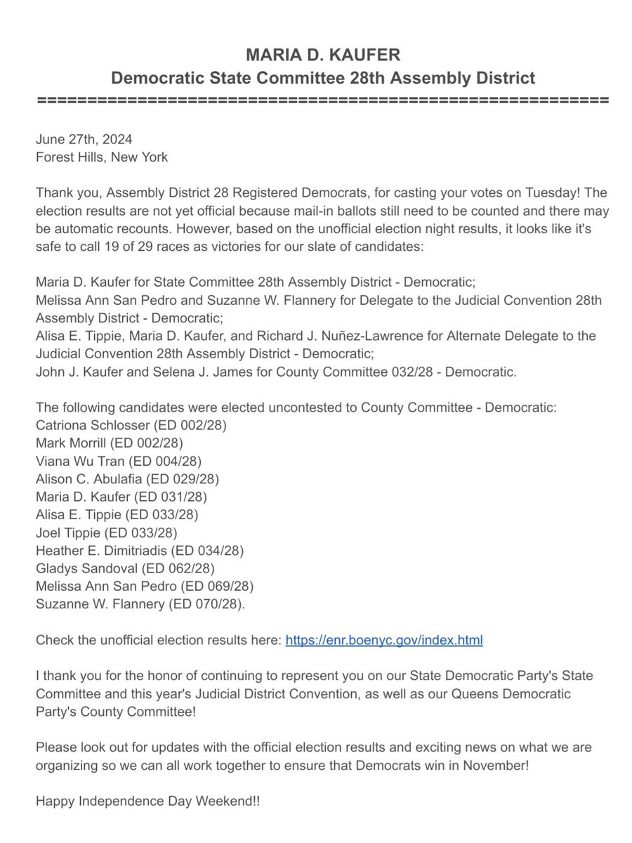 mariteskaufer's tweet photo. Thank you, AD 28 Democrats, for the honor of electing us to represent you on @nydems State Committee &amp; this year's Judicial District Convention, as well as our @Queens_Dems County Committee!

#justice #democracy #Democrats #ThisIsWhatDemocracyLooksLike https://t.co/e6UvwxWsEF