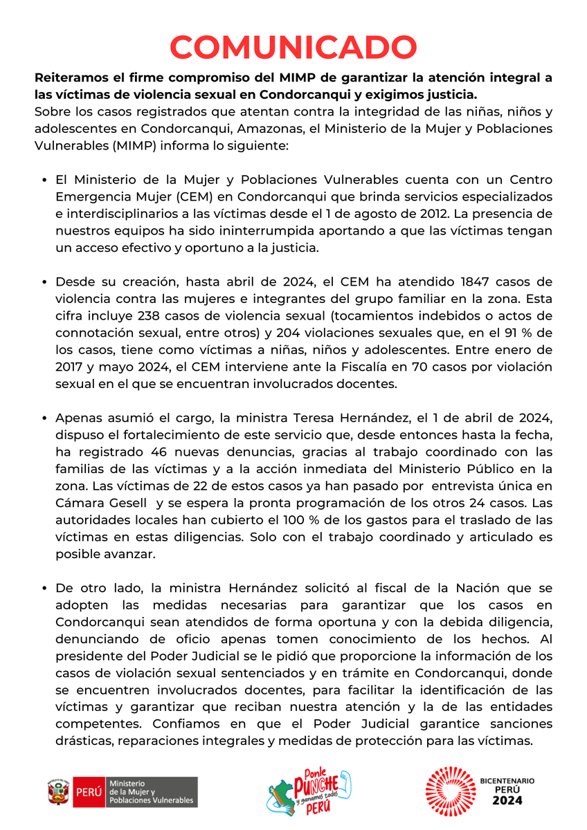 MimpPeru's tweet photo. 🔴 #Comunicado | Sobre los casos registrados que atentan contra la integridad de las niñas, niños y adolescentes en Condorcanqui, Amazonas, el Ministerio de la Mujer y Poblaciones Vulnerables (MIMP) informa lo siguiente: https://t.co/CzG7KJl8vC