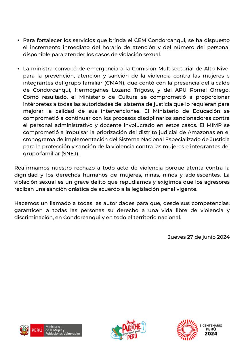 MimpPeru's tweet photo. 🔴 #Comunicado | Sobre los casos registrados que atentan contra la integridad de las niñas, niños y adolescentes en Condorcanqui, Amazonas, el Ministerio de la Mujer y Poblaciones Vulnerables (MIMP) informa lo siguiente: https://t.co/CzG7KJl8vC