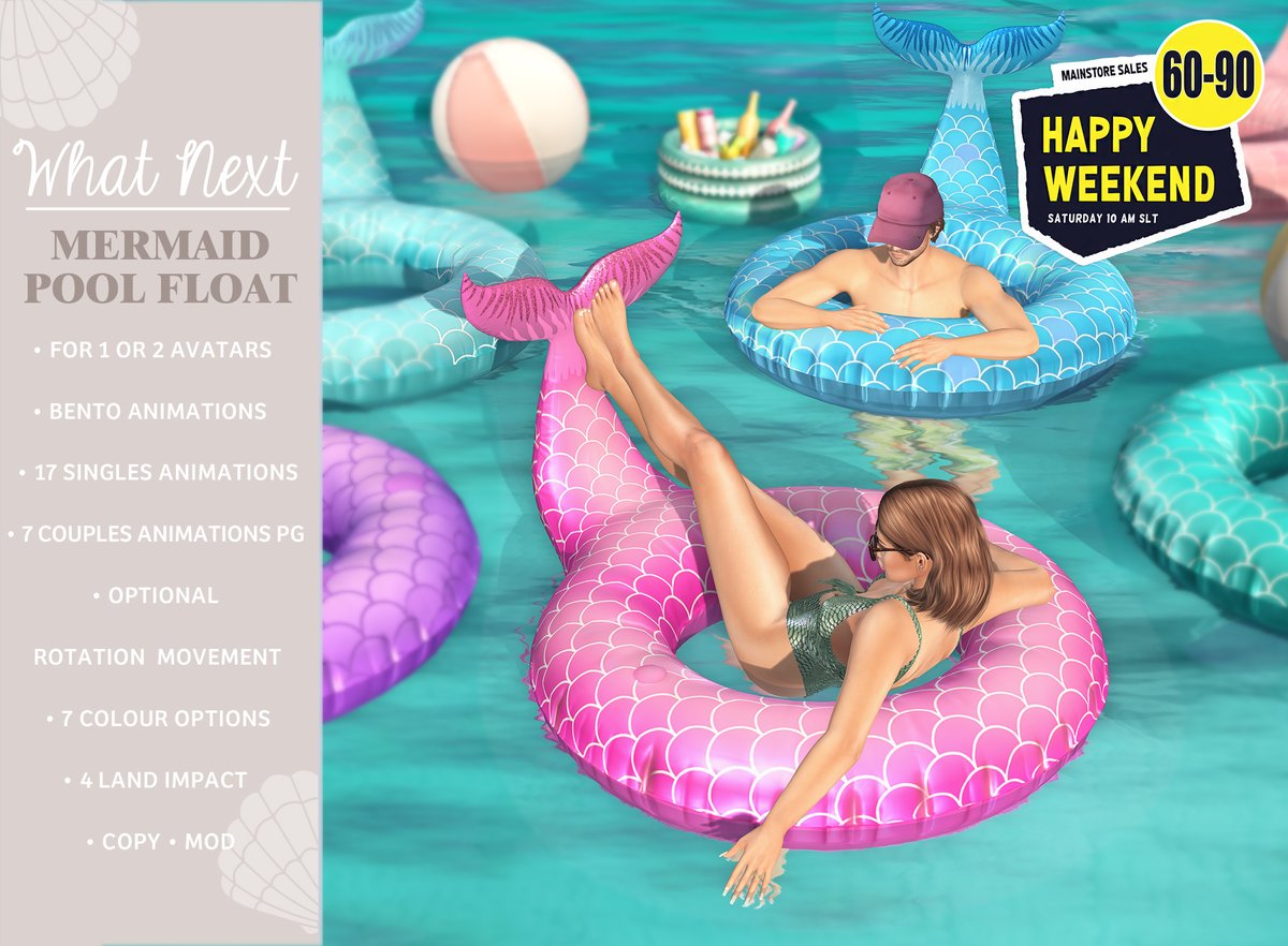 On special offer for this week's Happy Weekend - Mermaid &amp; Seashell Pool Floats - L$60 each - both sit single and couples (bento animations PG) and have multiple colour options. 🩱🌞
On sale by our main-store landing point.
SLurl: slurl.com/secondlife/Hod…
#secondlife #happyweekend