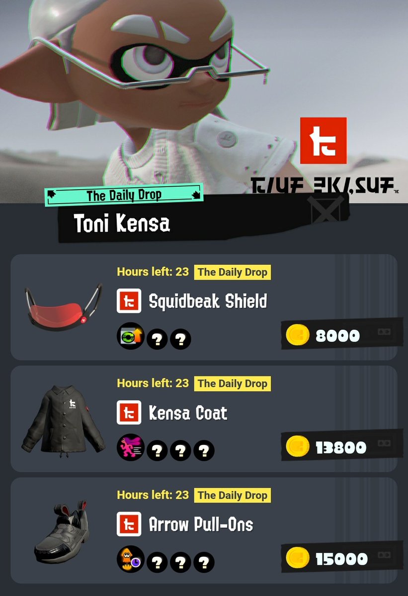 TonikensaNA's tweet photo. For the next 24 hours, Toni Kensa is the featured brand on the Splatnet shop. #ToniKensa #Splatoon3 https://t.co/hHqzvy8j2v