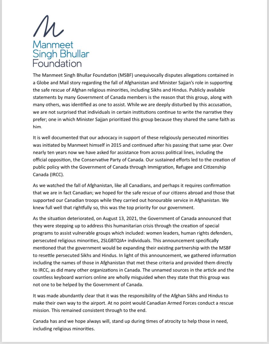 Please see our statement responding to a Globe and Mail story relating to Minister Sajjan’s role in the rescue of Afghan religious minorities. 

As the NGO that has spent nearly 10 years helping this population, we are disappointed in the false narrative this article has created.