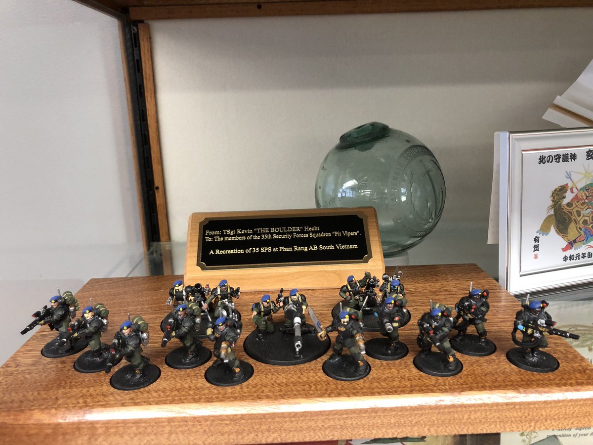 DefenderHecht's tweet photo. My gift to the 35 SFS. It’s for the people who gave me the opportunity to grow & become a better person. I had some rough days. I had good mentors & friends who supported me & didn’t write me off. I know this isn’t #goldendaemon level painting but I’m proud of it. @warhammerHQ https://t.co/1NnM0z0zJm