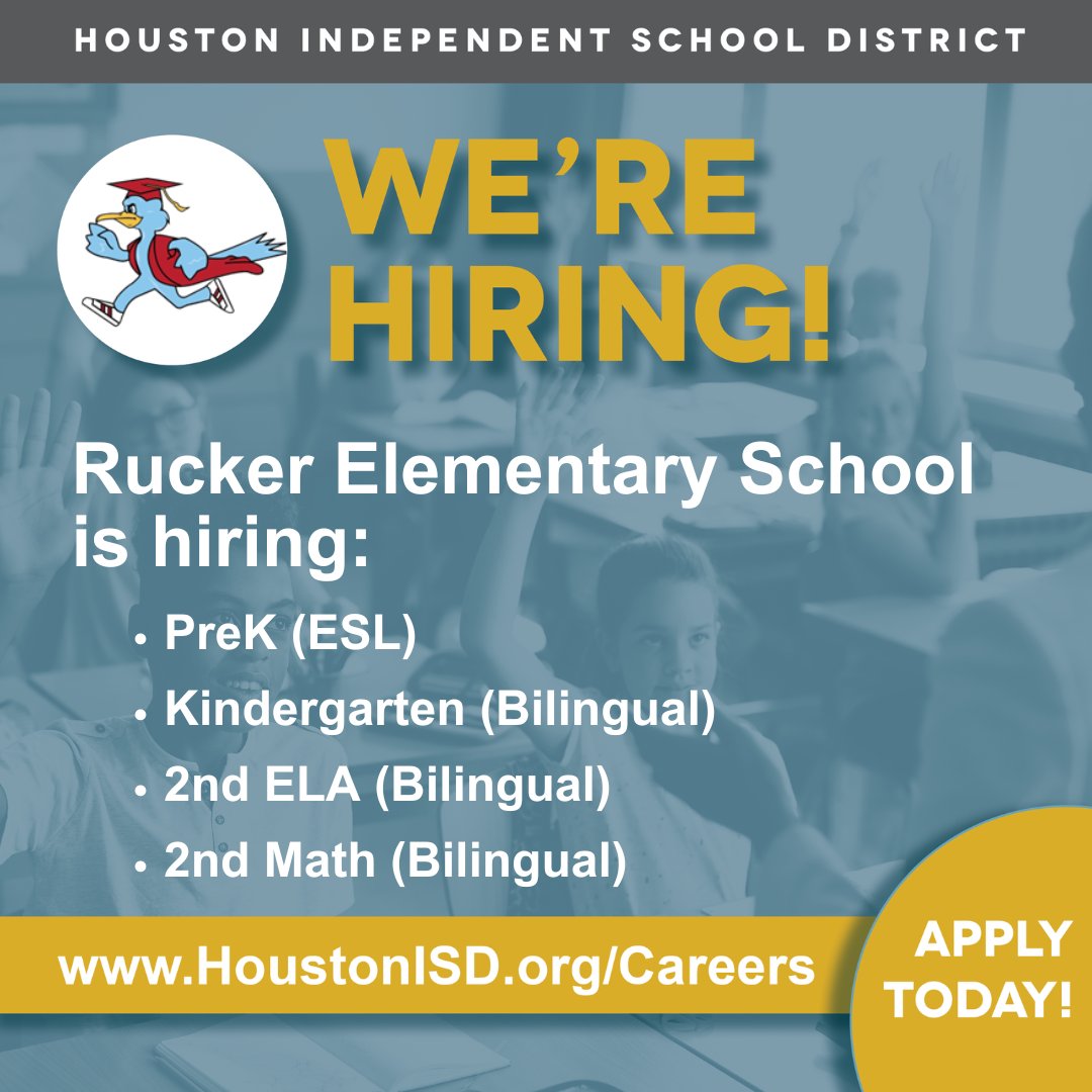 Rucker Elementary (@ruckerhisd) on Twitter photo Join the #RadiantRucker team!
Apply here: bit.ly/HISDRuckerES @TeamHISD @HisdSouth <a href="/JEOcanas1/">Jane Ocañas</a> Join the #RadiantRucker team!
Apply here: bit.ly/HISDRuckerES @TeamHISD @HisdSouth <a href="/JEOcanas1/">Jane Ocañas</a>