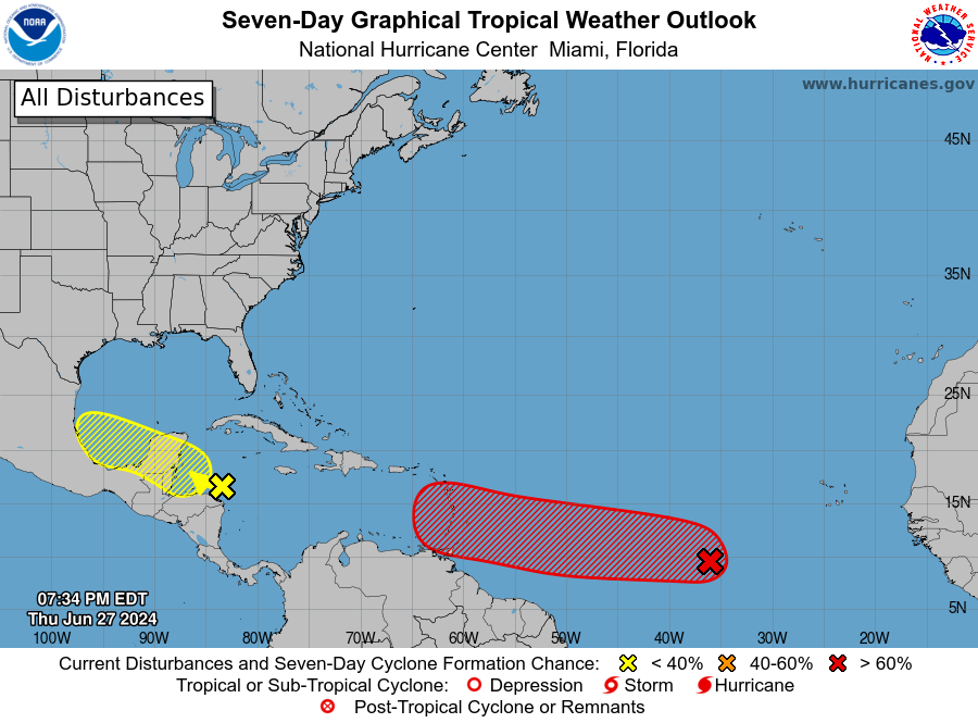 8pm EDT 6/27 -  #AL95 has a high chance of development and is likely to become a tropical depression or storm in the next couple of days, several hundred miles E of the Windward Islands.  #AL94 also has a low chance of formation over the NW Caribbean or SW Gulf Mexico late this