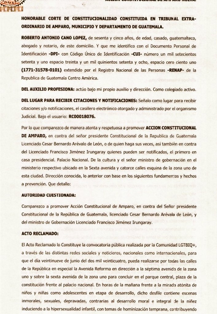 Presentan amparo ante la <a href="/CC_Guatemala/">CC Guatemala</a> en contra de la realización del Desfile del Orgullo que se realizará en Guatemala el próximo sábado.