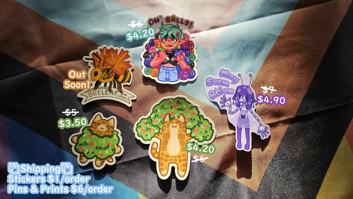 Sproutdone's tweet photo. 🎇3 days left🎇 of the Annual Pride Sale! Shop my current LGBTQIA+ and other recent designs now out on stickers! 30% off stickers &amp; pins and 10% off storewide at https://t.co/POJ5Lvlzjt.

Mlm gay, bi, trans, + more designs in the works delayed but will be discounted on release. https://t.co/vJZsoKRCRs